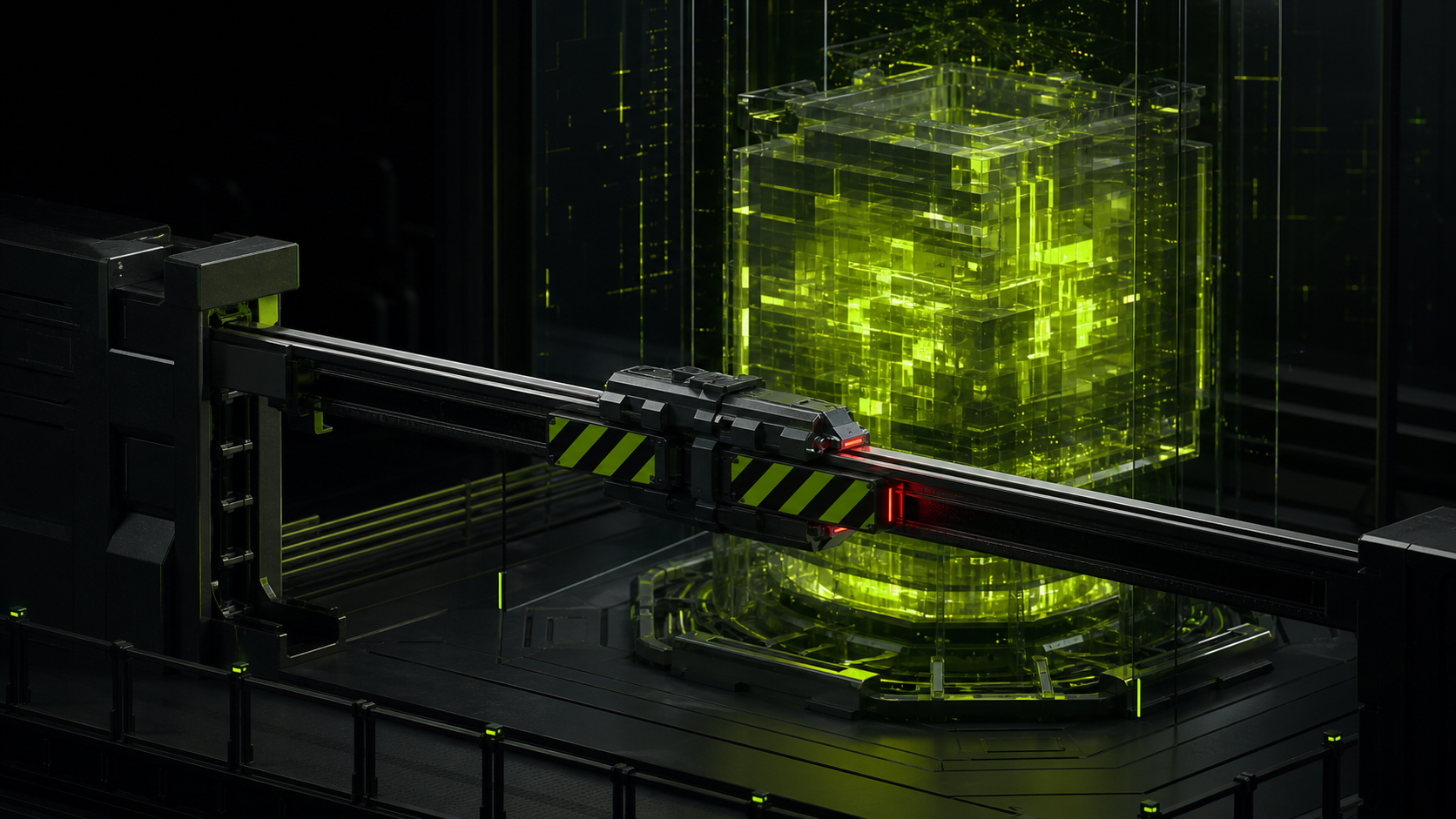 Luminous AI compute core isolated behind an emergency containment mechanism