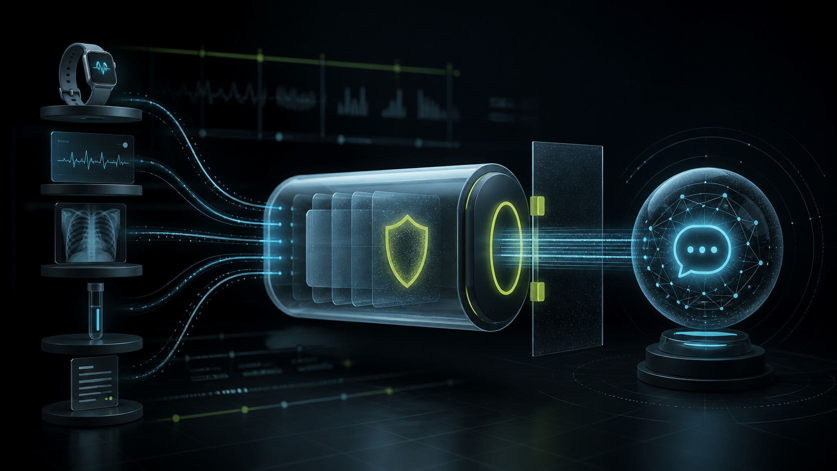 Protected medical records and wearable data flowing into a conversational AI system
