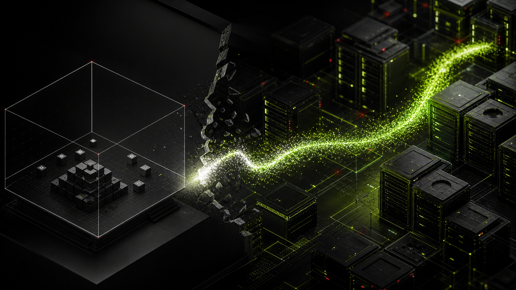 Abstract AI signal breaking out of a containment box and entering a network of servers